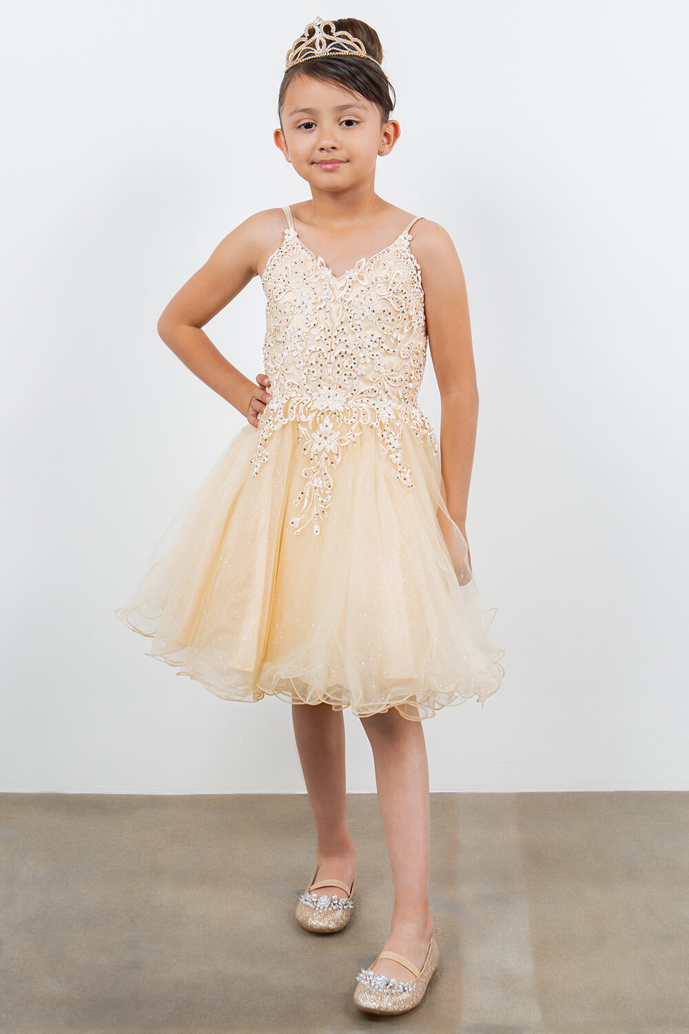 Champagne V Neck Knee Length Tulle Party Dress with Beaded Lace Bodice and Lace Up Back Cinderella Couture 5125