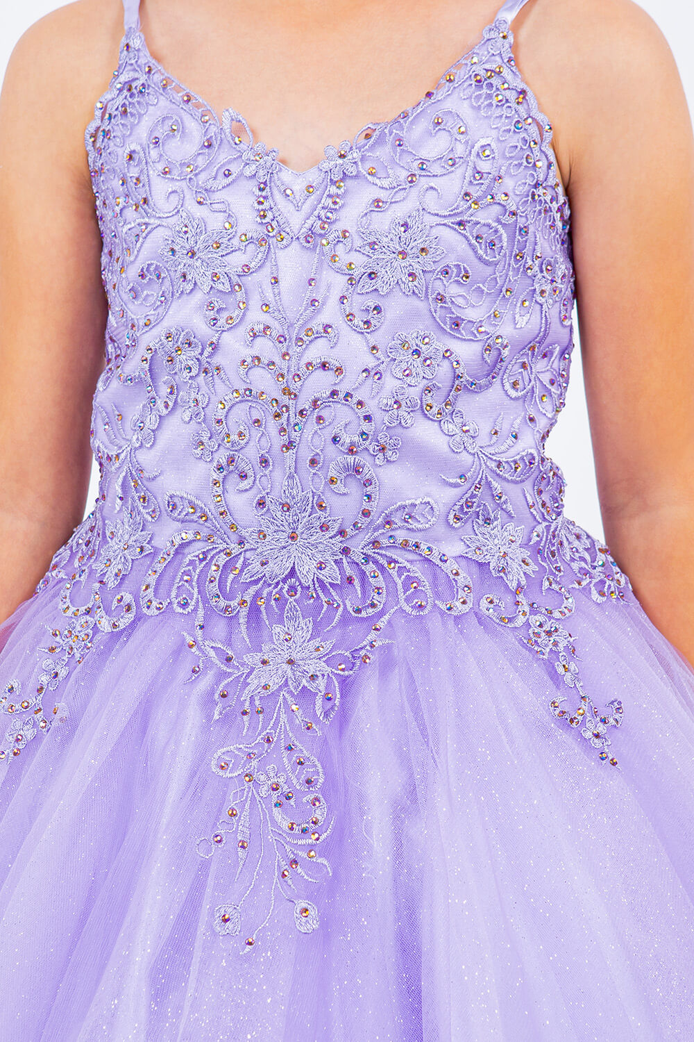 Lavendar V Neck Knee Length Tulle Party Dress with Beaded Lace Bodice and Lace Up Back Cinderella Couture 5125