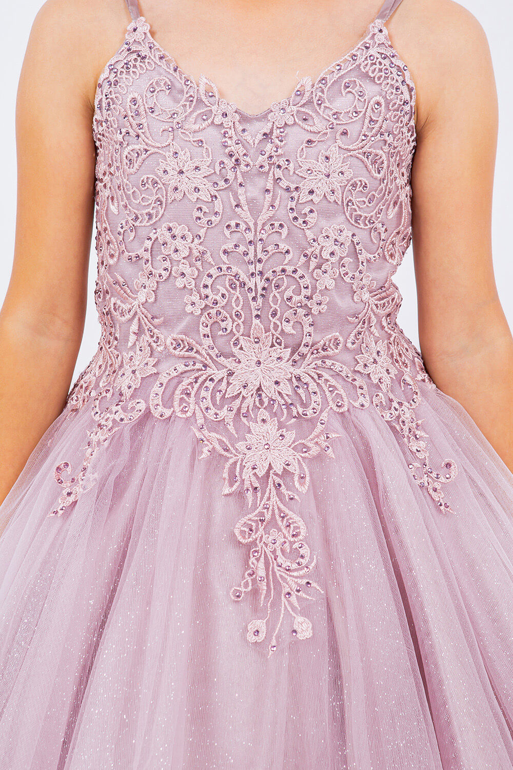 Mauve V Neck Knee Length Tulle Party Dress with Beaded Lace Bodice and Lace Up Back Cinderella Couture 5125