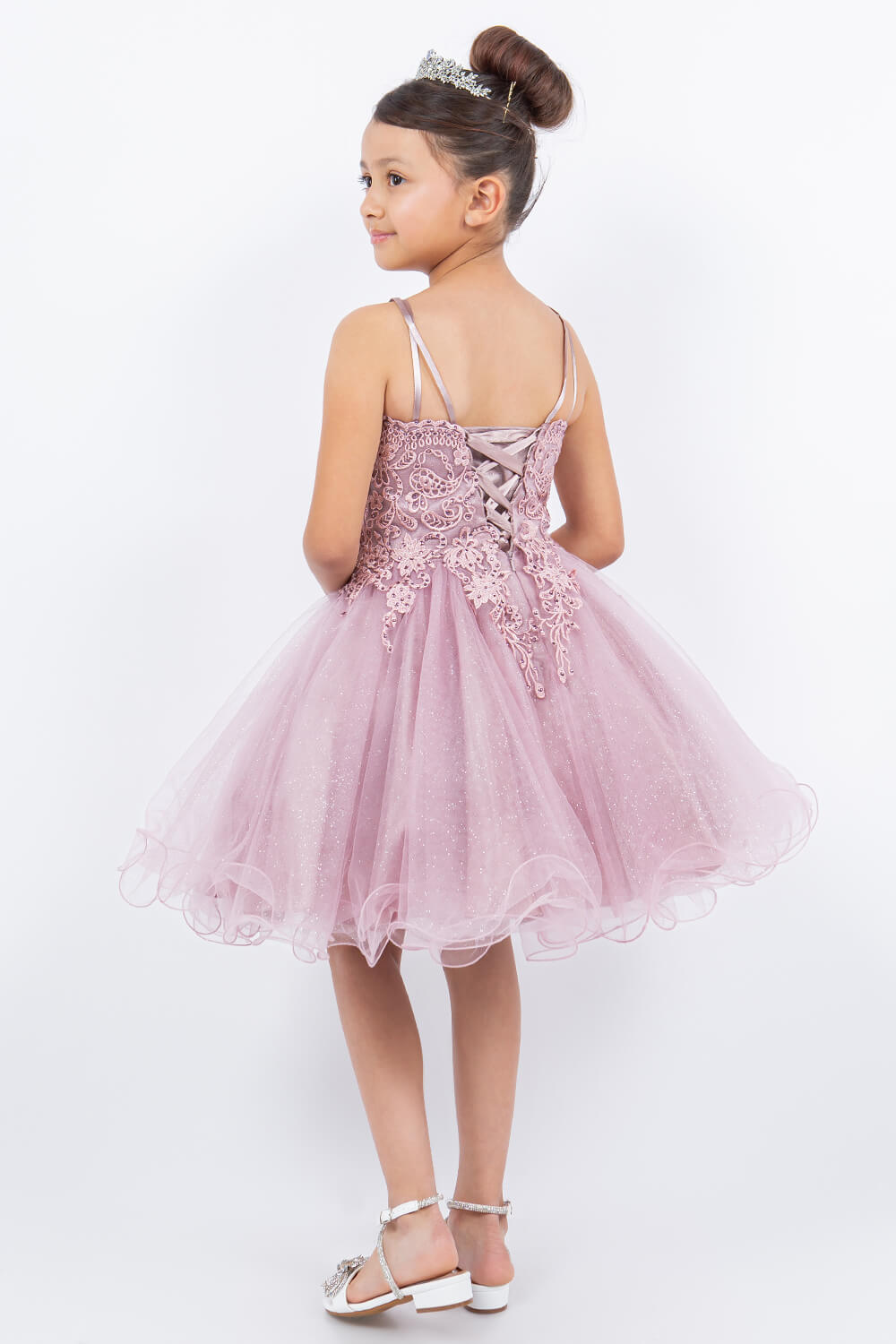 Mauve V Neck Knee Length Tulle Party Dress with Beaded Lace Bodice and Lace Up Back Cinderella Couture 5125