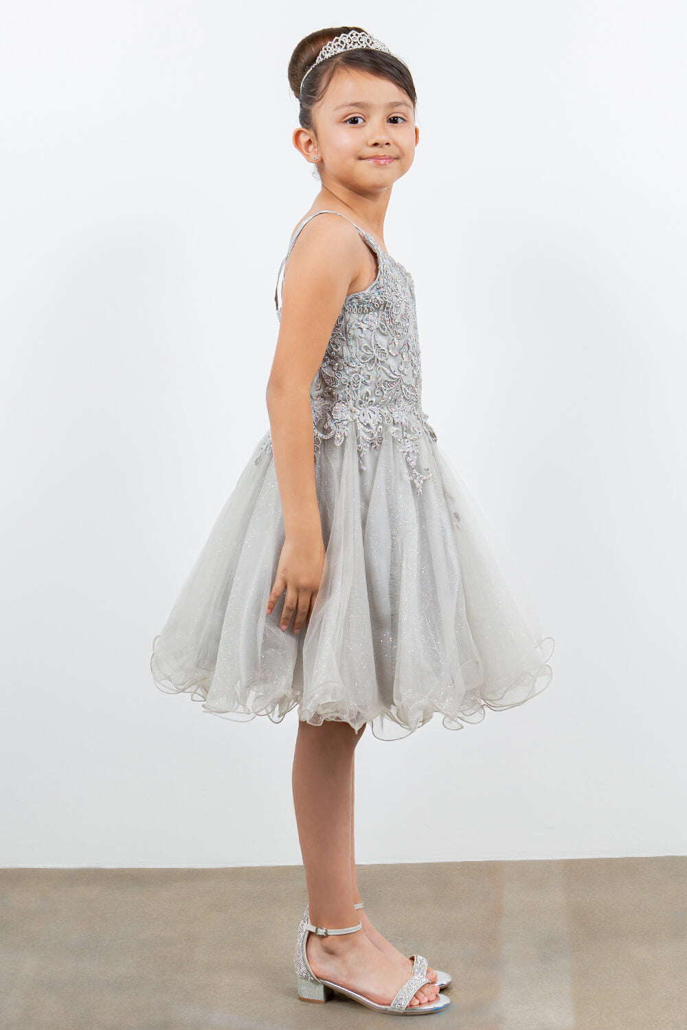 Silver V Neck Knee Length Tulle Party Dress with Beaded Lace Bodice and Lace Up Back Cinderella Couture 5125