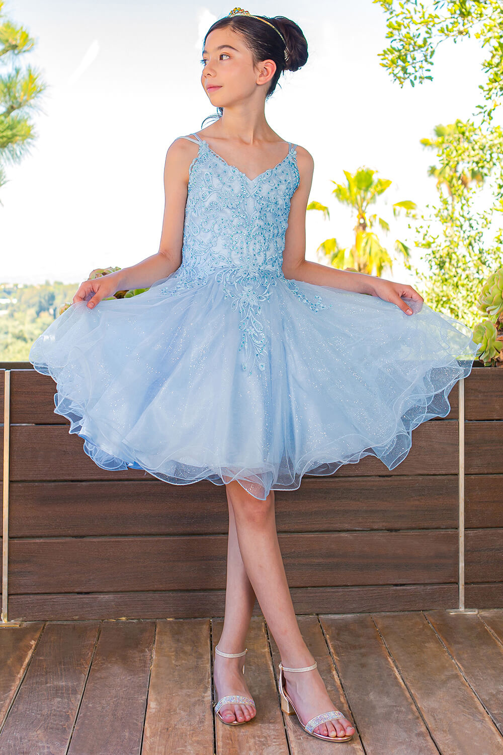 Blue V Neck Knee Length Tulle Party Dress with Beaded Lace Bodice and Lace Up Back Cinderella Couture 5125