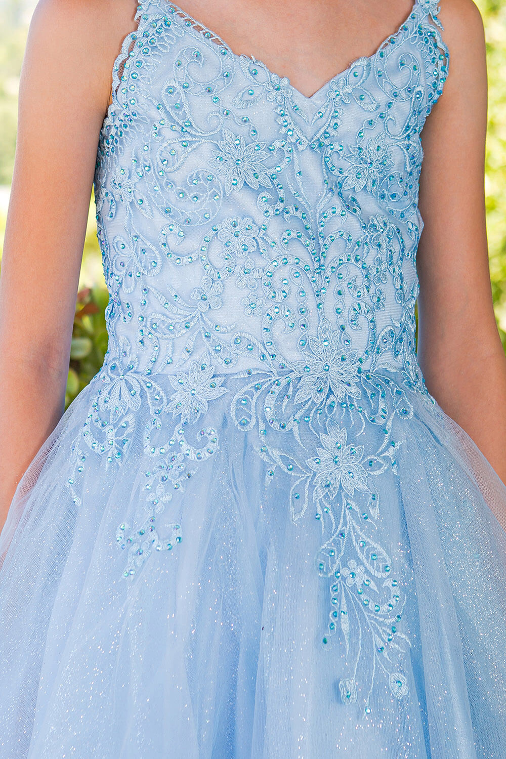 Blue V Neck Knee Length Tulle Party Dress with Beaded Lace Bodice and Lace Up Back Cinderella Couture 5125
