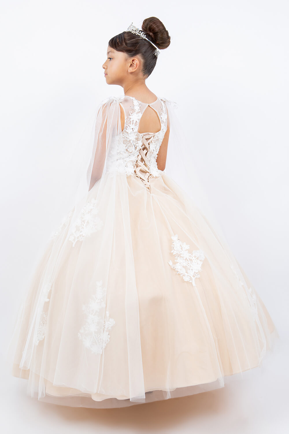 Champagne Illusion Neck Floor Length Tulle Flower Girl Dress with 3D Floral Appliques Cinderella Couture 5126