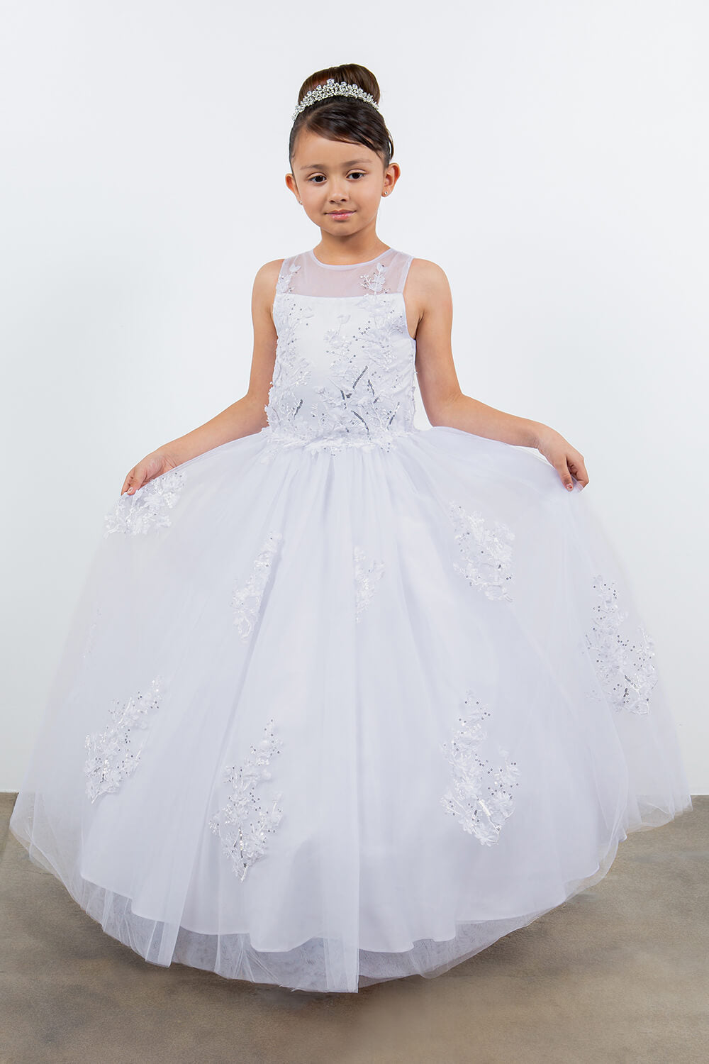 White Illusion Neck Floor Length Tulle Flower Girl Dress with 3D Floral Appliques Cinderella Couture 5126