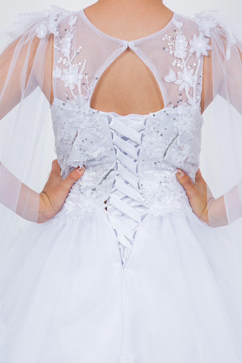 White Illusion Neck Floor Length Tulle Flower Girl Dress with 3D Floral Appliques Cinderella Couture 5126