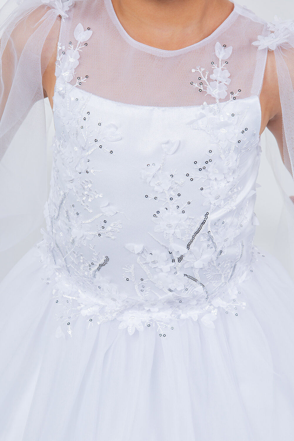 White Illusion Neck Floor Length Tulle Flower Girl Dress with 3D Floral Appliques Cinderella Couture 5126