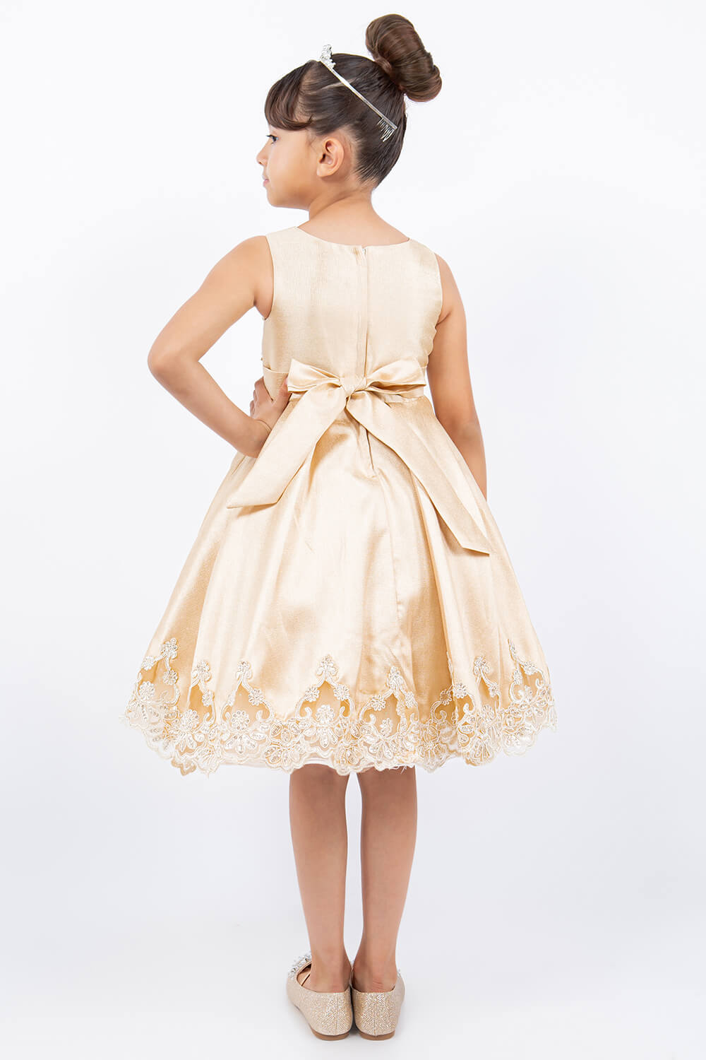 Champagne Round Neck Knee Length Satin Flower Girl Dress with Crochet Lace and Laser Cut Hem Cinderella Couture 5127