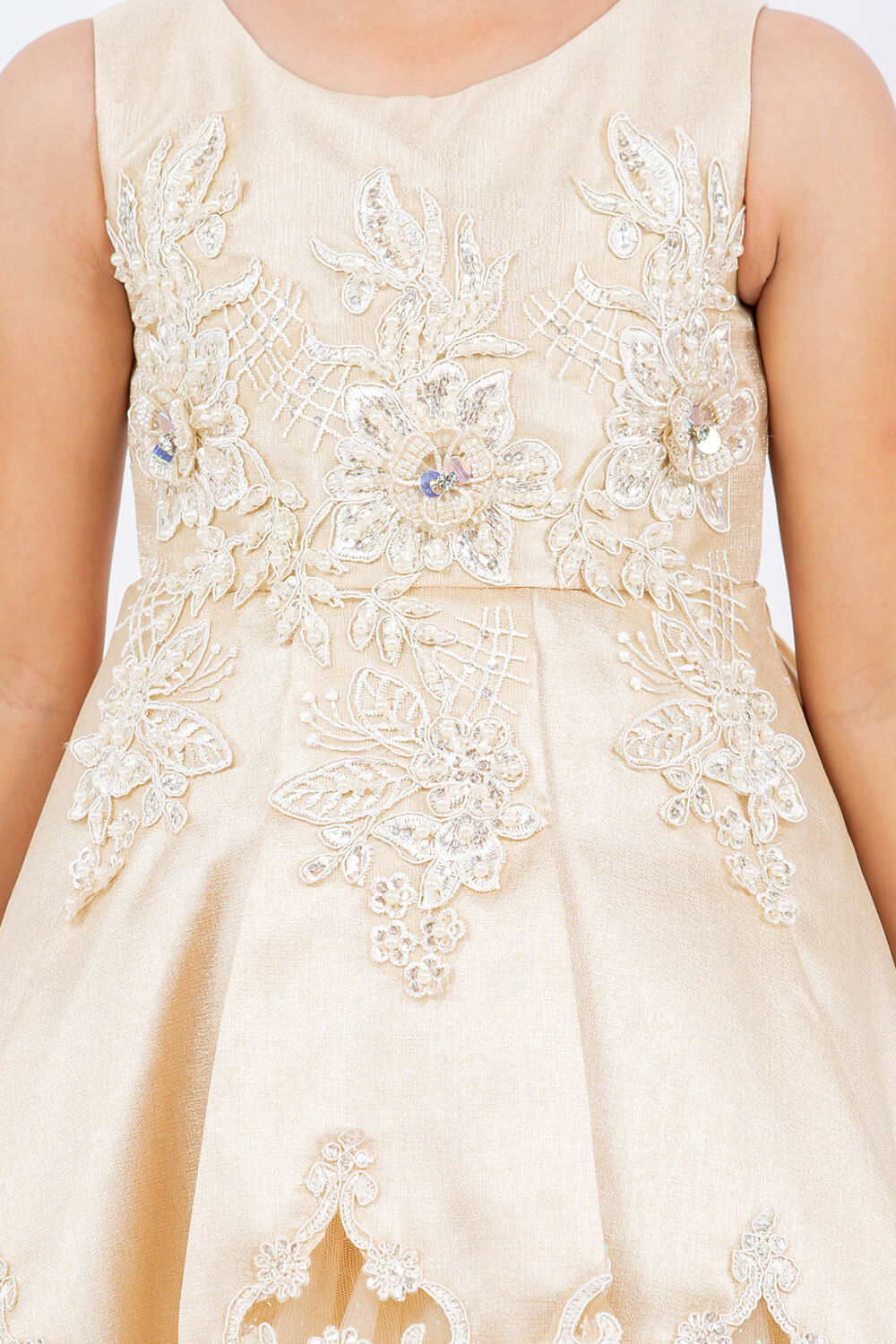 Champagne Round Neck Knee Length Satin Flower Girl Dress with Crochet Lace and Laser Cut Hem Cinderella Couture 5127