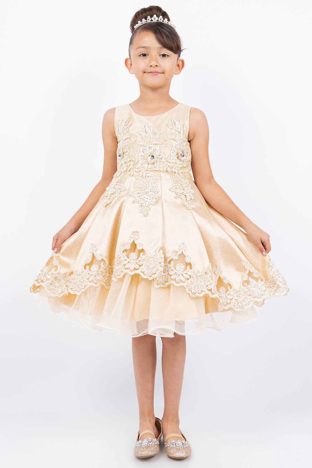 Champagne Round Neck Knee Length Satin Flower Girl Dress with Crochet Lace and Laser Cut Hem Cinderella Couture 5127