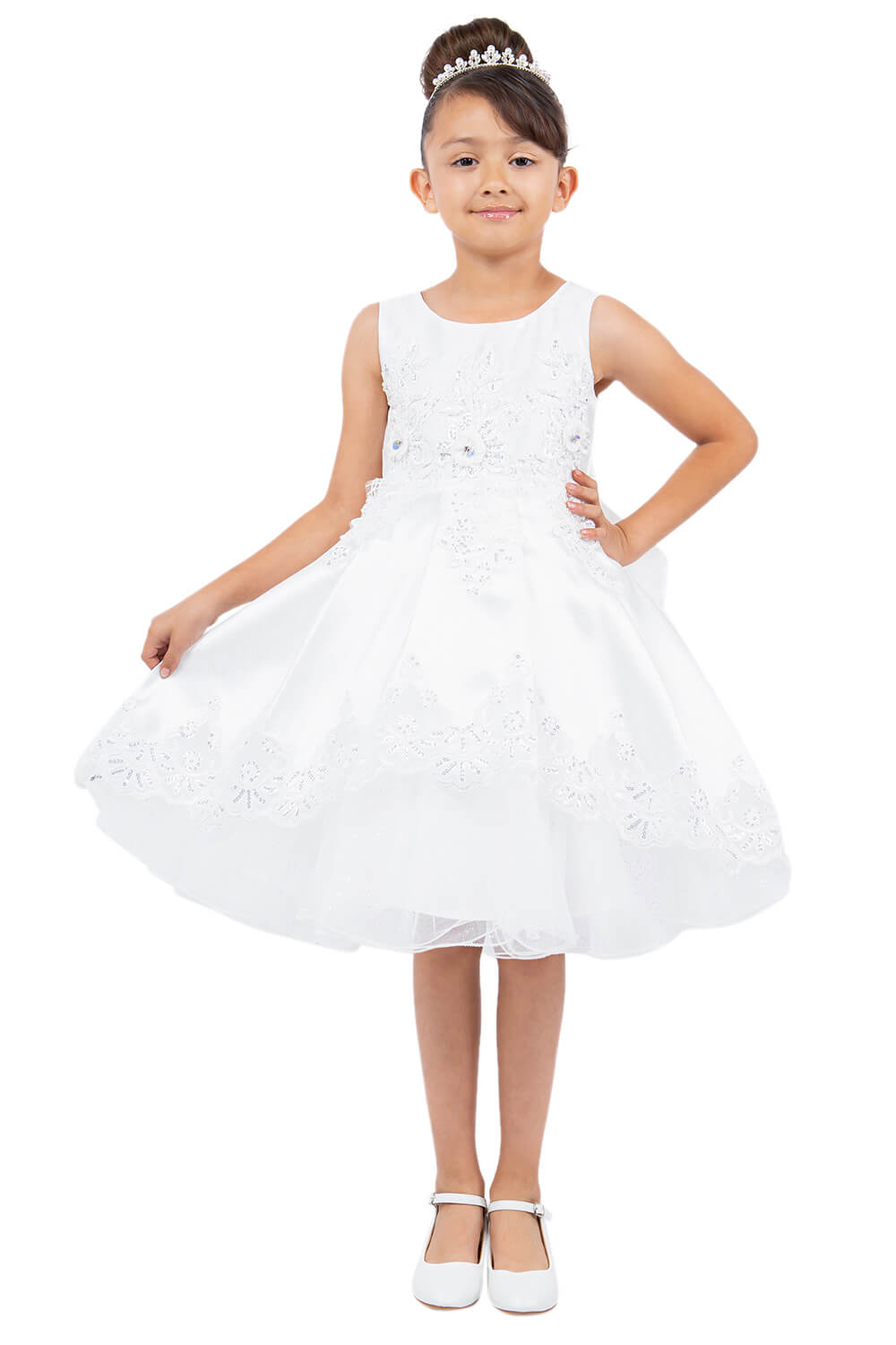 Off White Round Neck Knee Length Satin Flower Girl Dress with Crochet Lace and Laser Cut Hem Cinderella Couture 5127