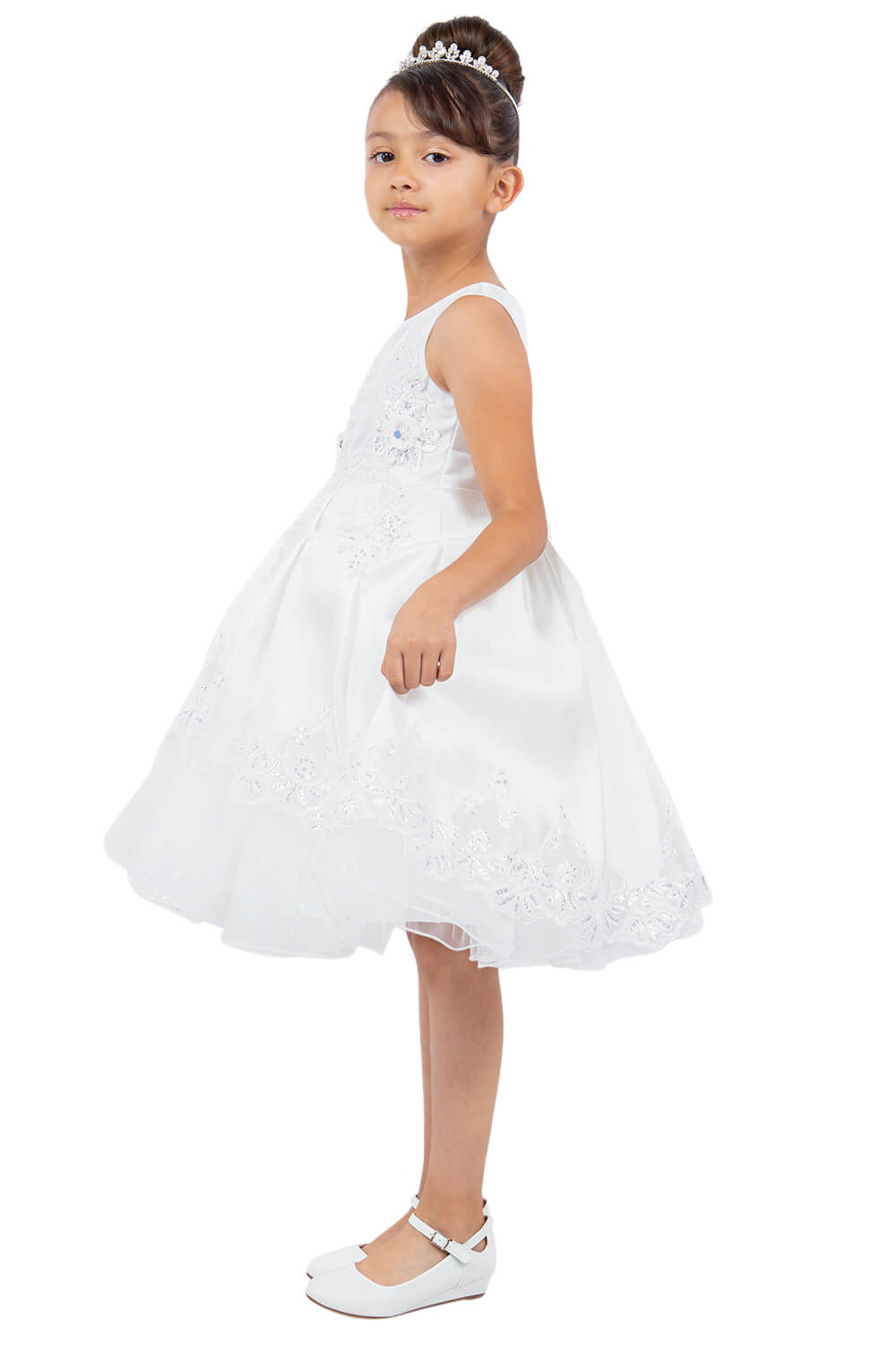 Off White Round Neck Knee Length Satin Flower Girl Dress with Crochet Lace and Laser Cut Hem Cinderella Couture 5127