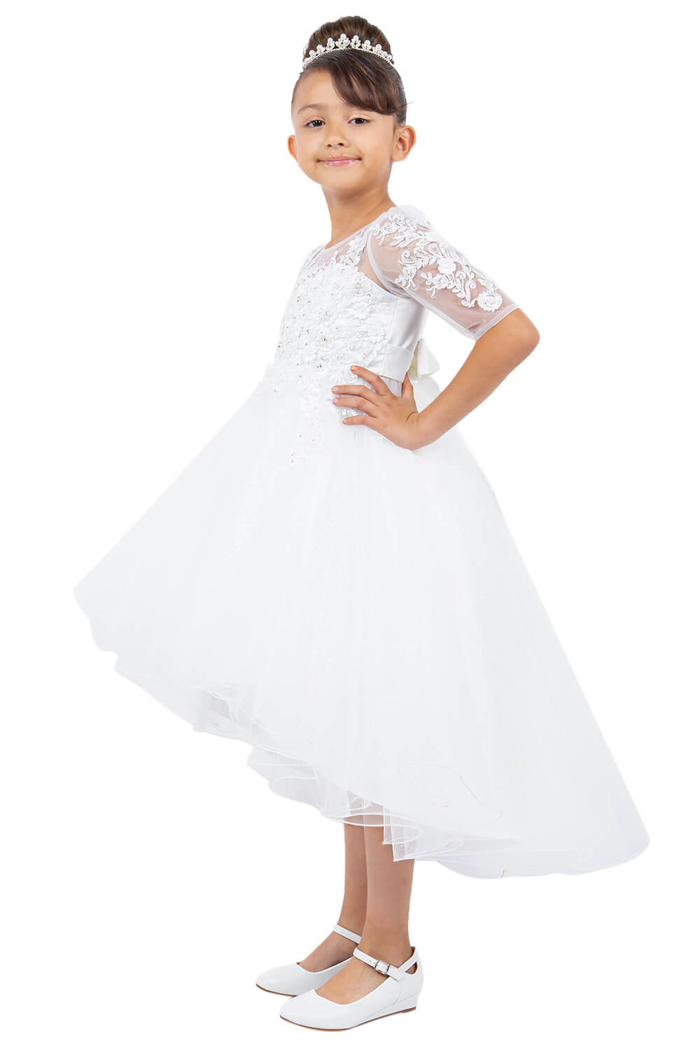 Off White Illusion Neck High Low Tulle Flower Girl Dress with 3/4 Sleeve Lace Bodice Cinderella Couture 5128