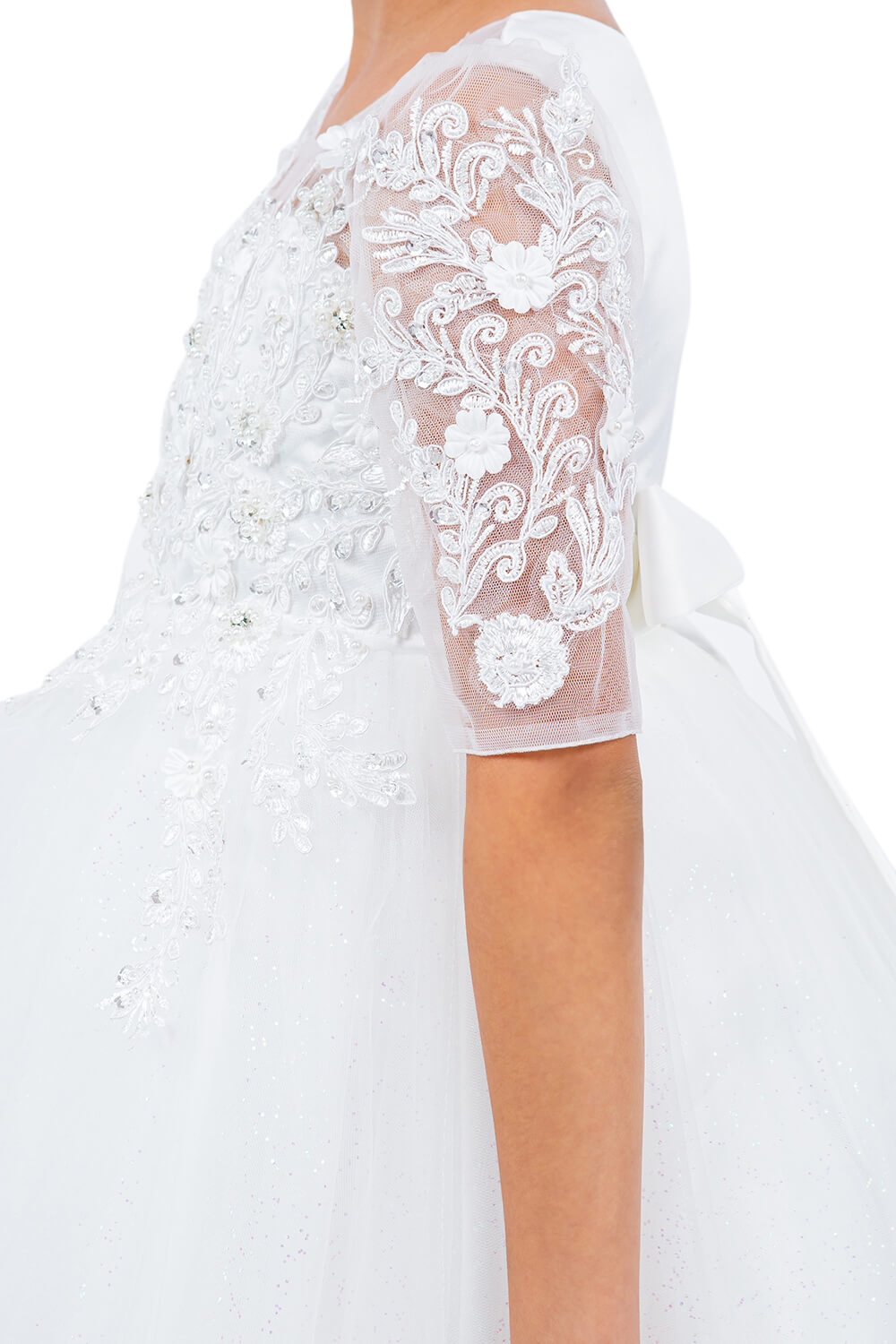 Off White Illusion Neck High Low Tulle Flower Girl Dress with 3/4 Sleeve Lace Bodice Cinderella Couture 5128