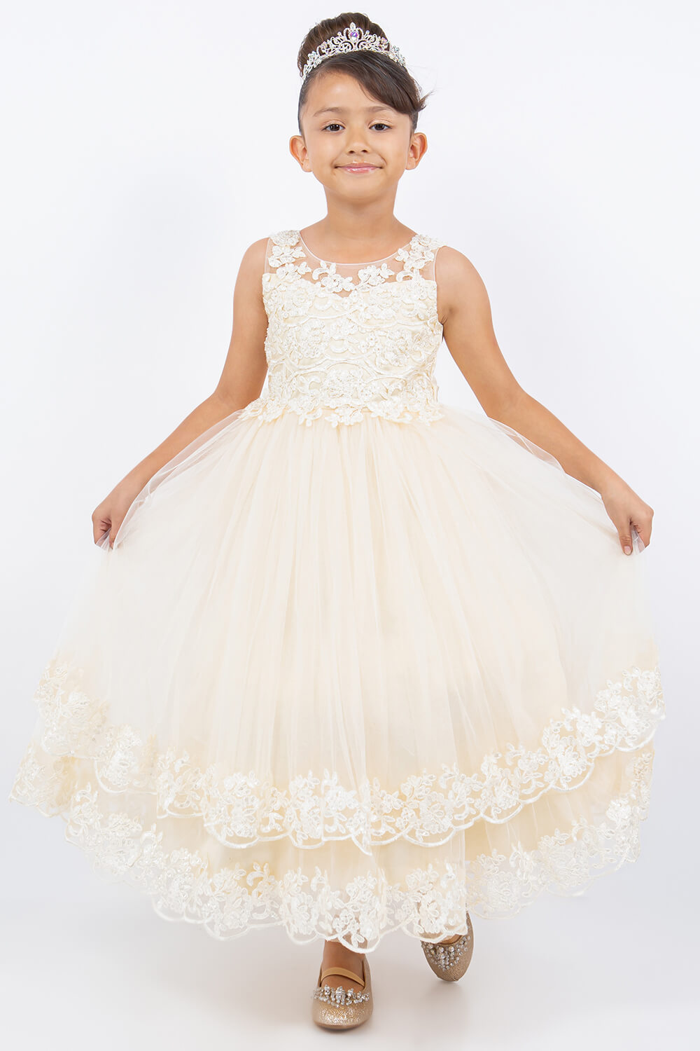 Champagne Illusion Neck Floor Length Lace Tulle Flower Girl Dress with 3D Floral Appliques Cinderella Couture 5129