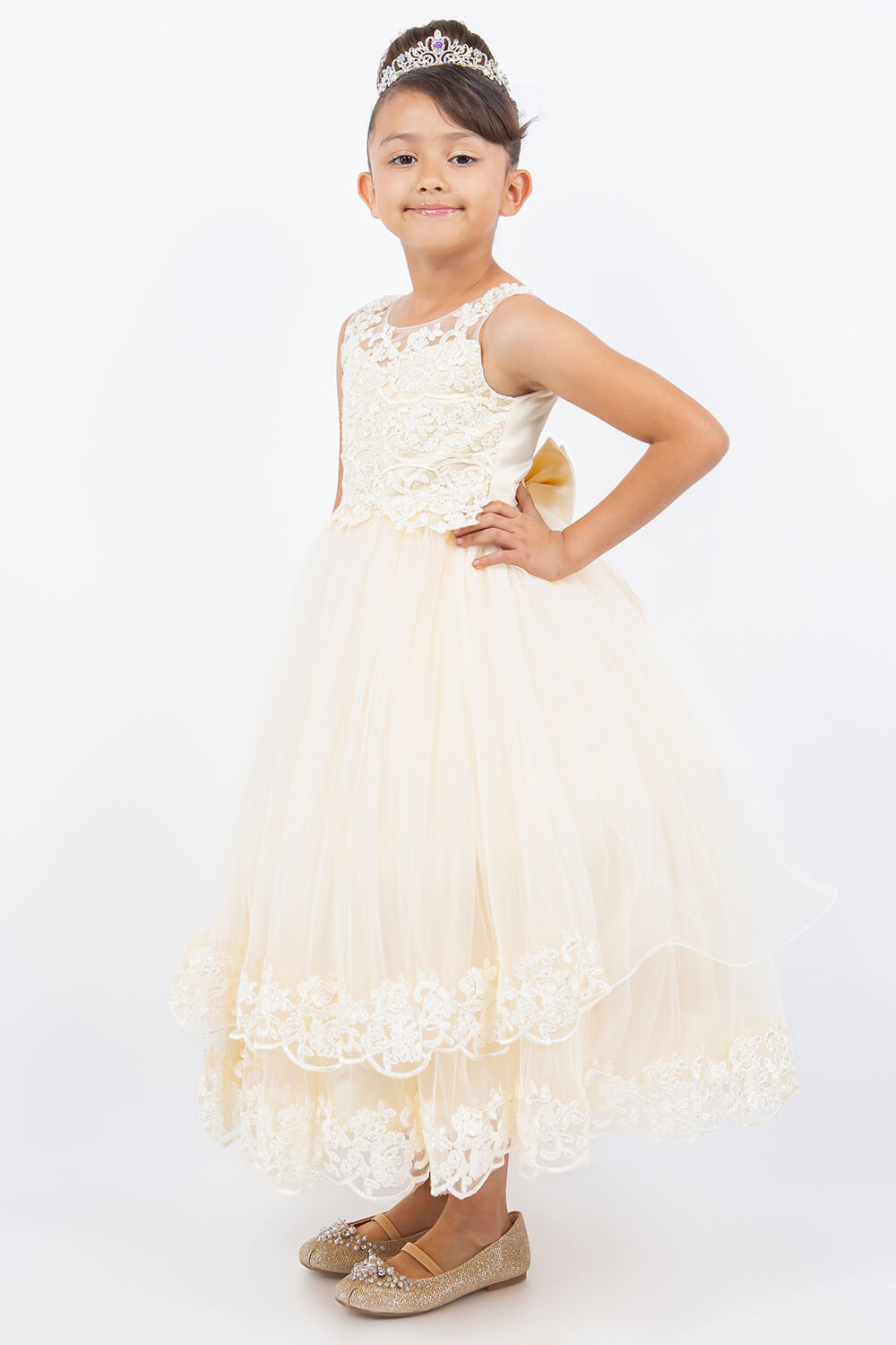 Champagne Illusion Neck Floor Length Lace Tulle Flower Girl Dress with 3D Floral Appliques Cinderella Couture 5129