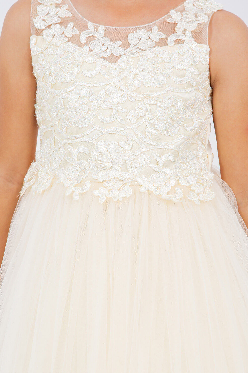 Champagne Illusion Neck Floor Length Lace Tulle Flower Girl Dress with 3D Floral Appliques Cinderella Couture 5129