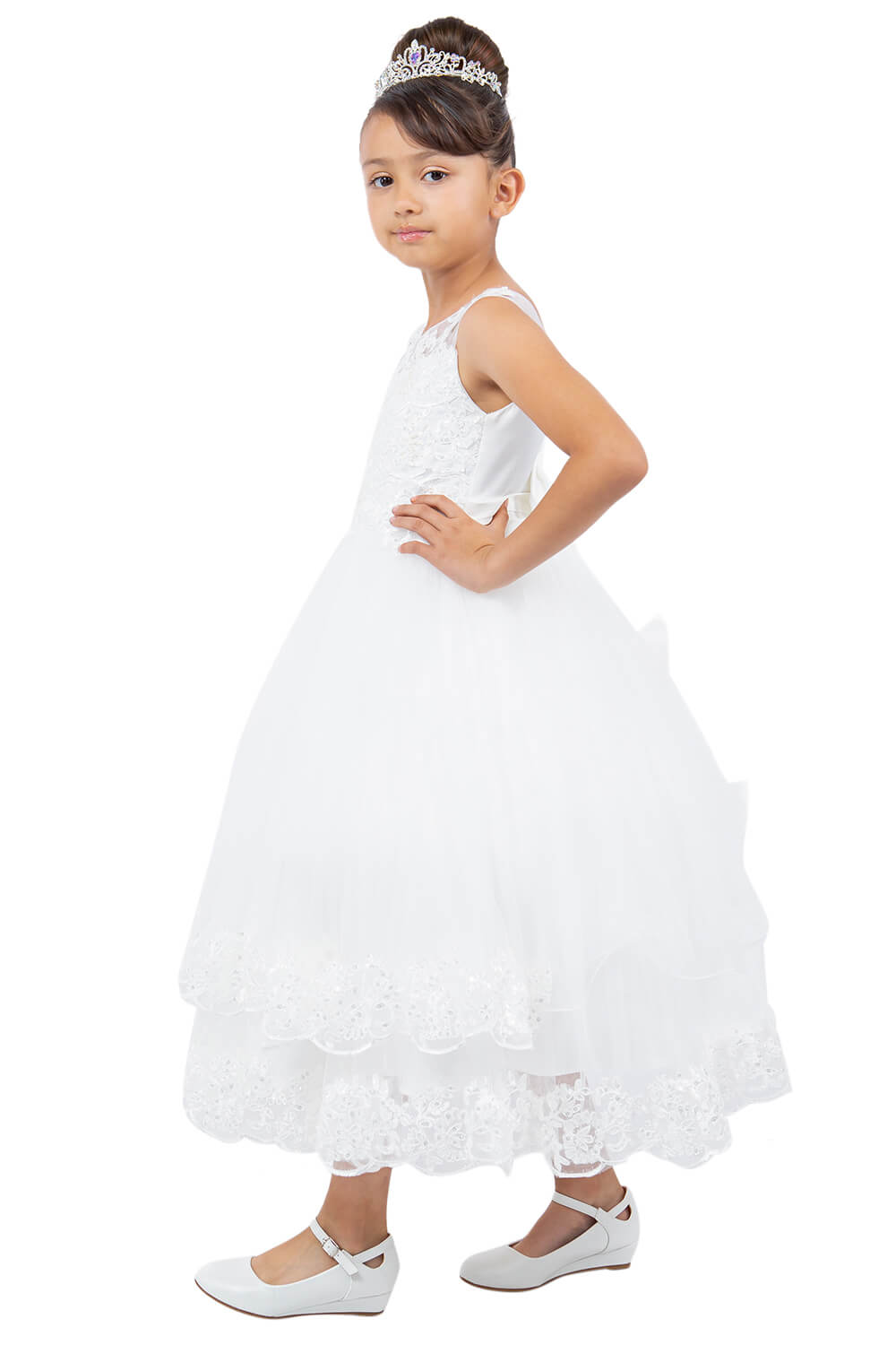 Off White Illusion Neck Floor Length Lace Tulle Flower Girl Dress with 3D Floral Appliques Cinderella Couture 5129