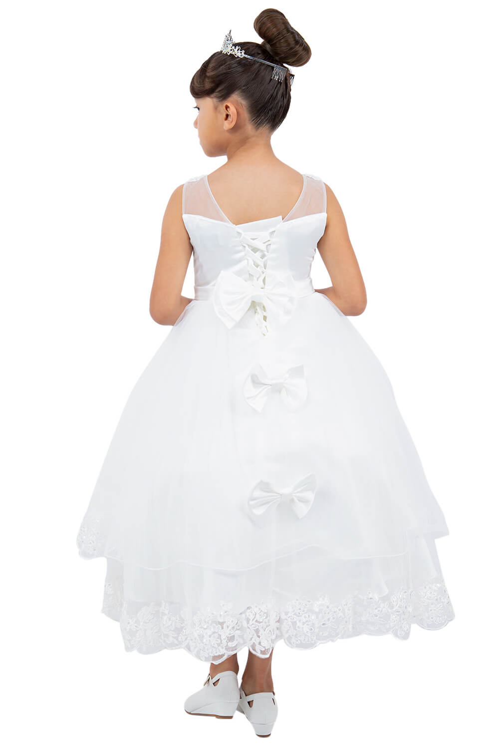 Off White Illusion Neck Floor Length Lace Tulle Flower Girl Dress with 3D Floral Appliques Cinderella Couture 5129