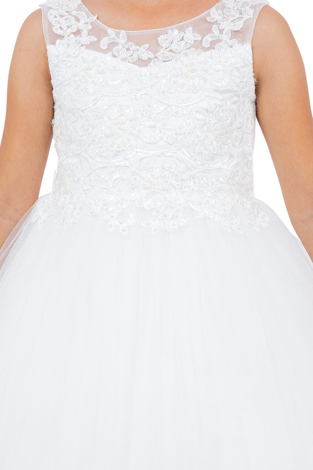 Off White Illusion Neck Floor Length Lace Tulle Flower Girl Dress with 3D Floral Appliques Cinderella Couture 5129