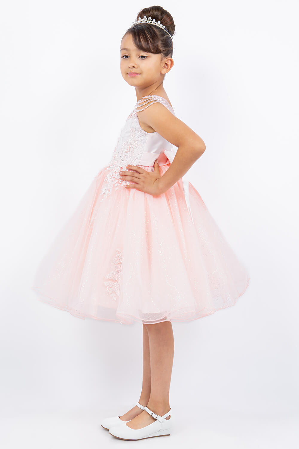 Blush Illusion Neck Knee Length Crystalized Tulle Special Occasion Dress with Beaded Shoulders Cinderella Couture 5131