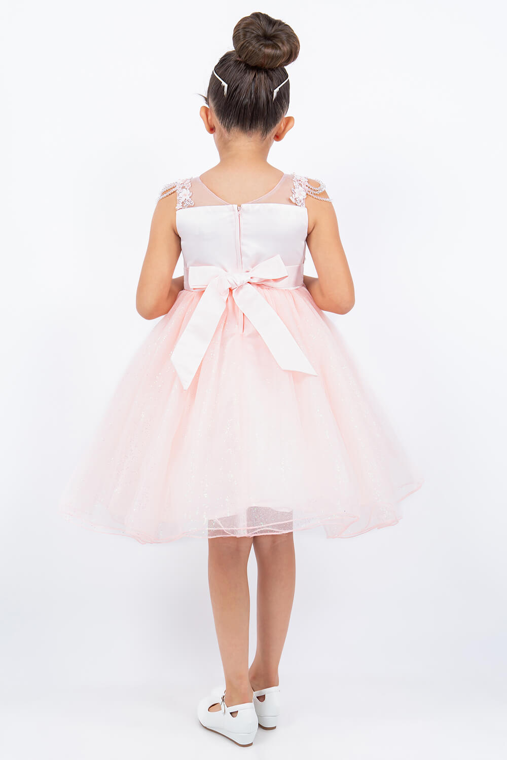 Blush Illusion Neck Knee Length Crystalized Tulle Special Occasion Dress with Beaded Shoulders Cinderella Couture 5131