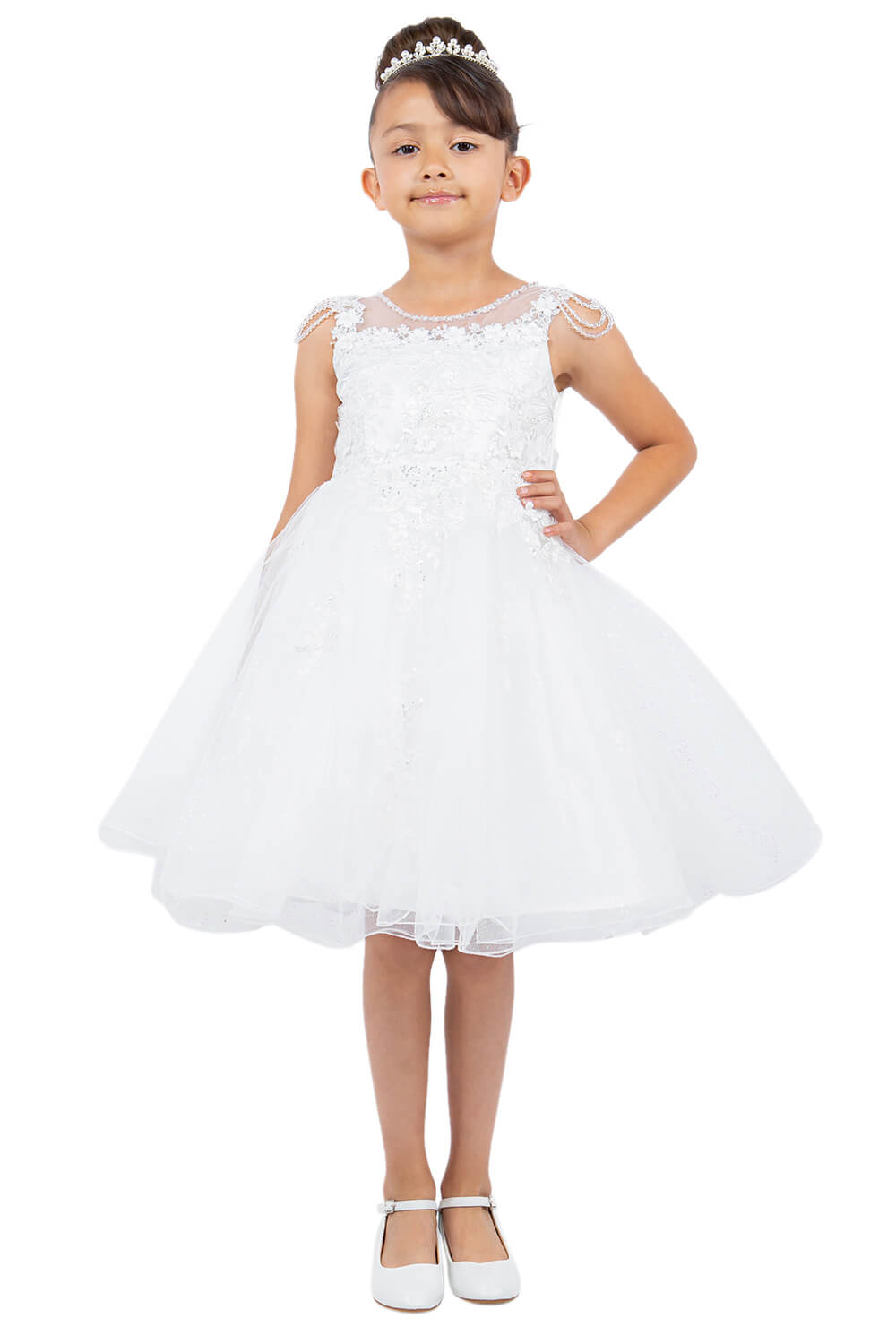 Off White Illusion Neck Knee Length Crystalized Tulle Special Occasion Dress with Beaded Shoulders Cinderella Couture 5131