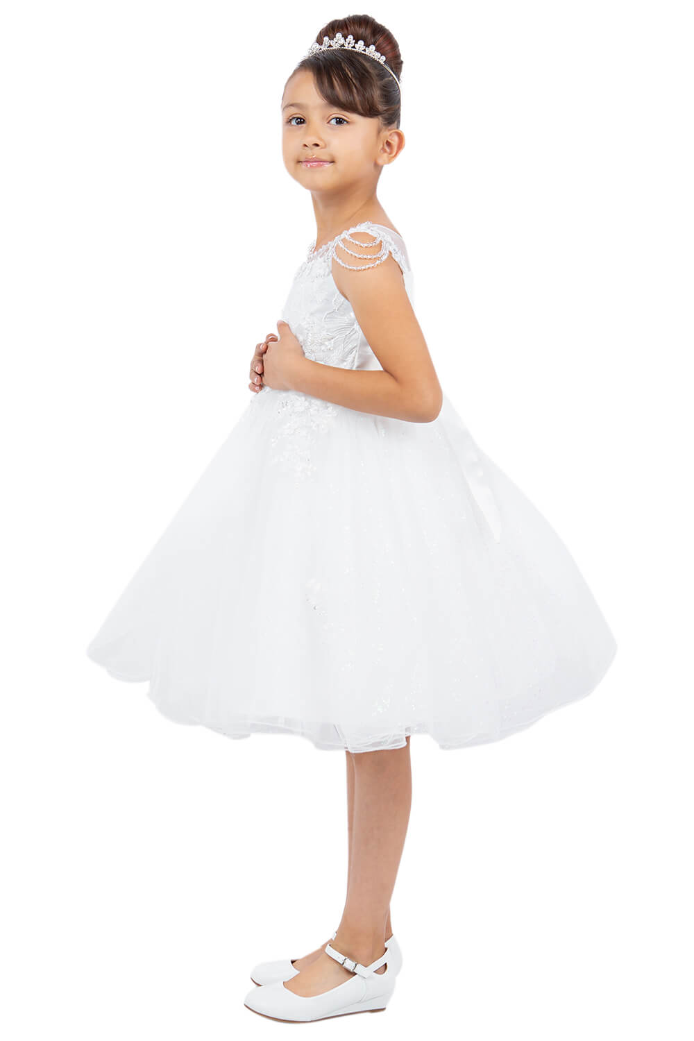 Off White Illusion Neck Knee Length Crystalized Tulle Special Occasion Dress with Beaded Shoulders Cinderella Couture 5131