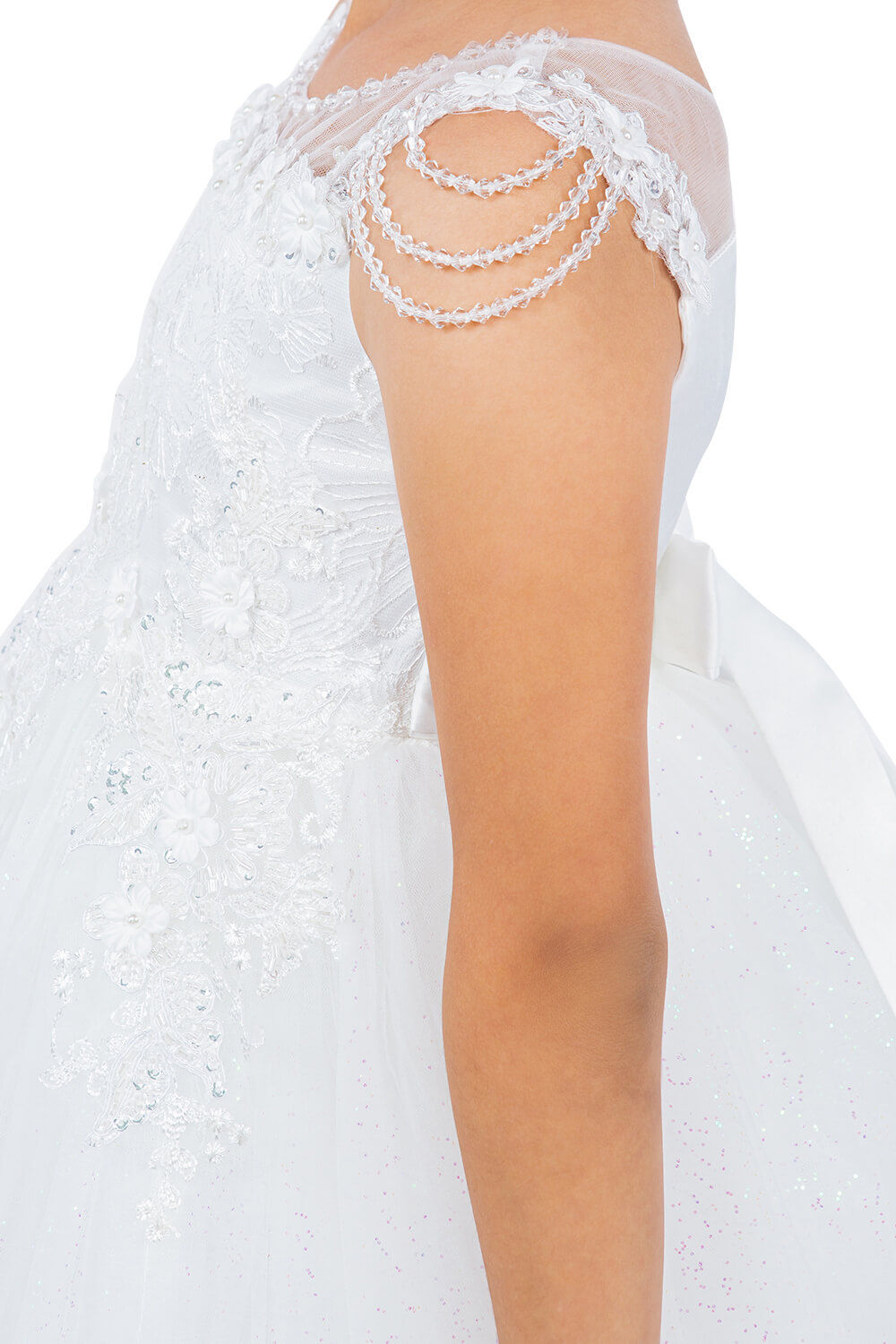 Off White Illusion Neck Knee Length Crystalized Tulle Special Occasion Dress with Beaded Shoulders Cinderella Couture 5131