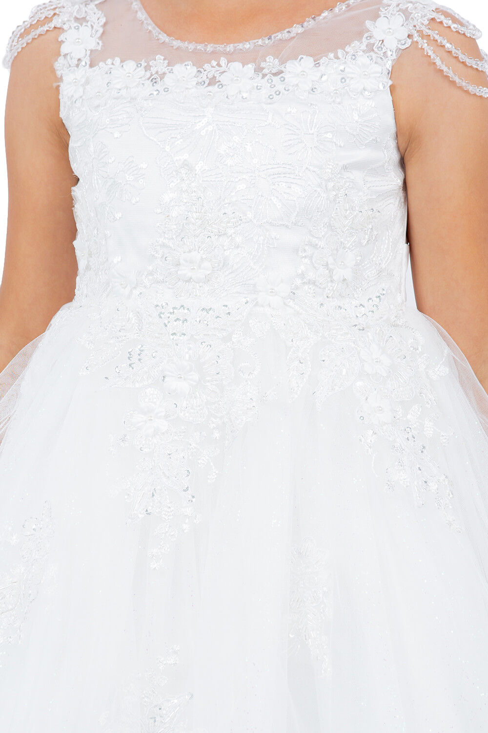 Off White Illusion Neck Knee Length Crystalized Tulle Special Occasion Dress with Beaded Shoulders Cinderella Couture 5131