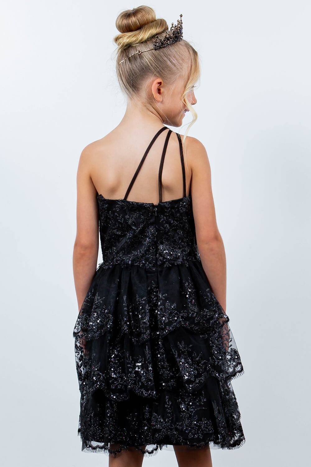 Black One Shoulder Knee Length Tulle Special Occasion Dress with Glitter Floral Layered Skirt Cinderella Couture 5132