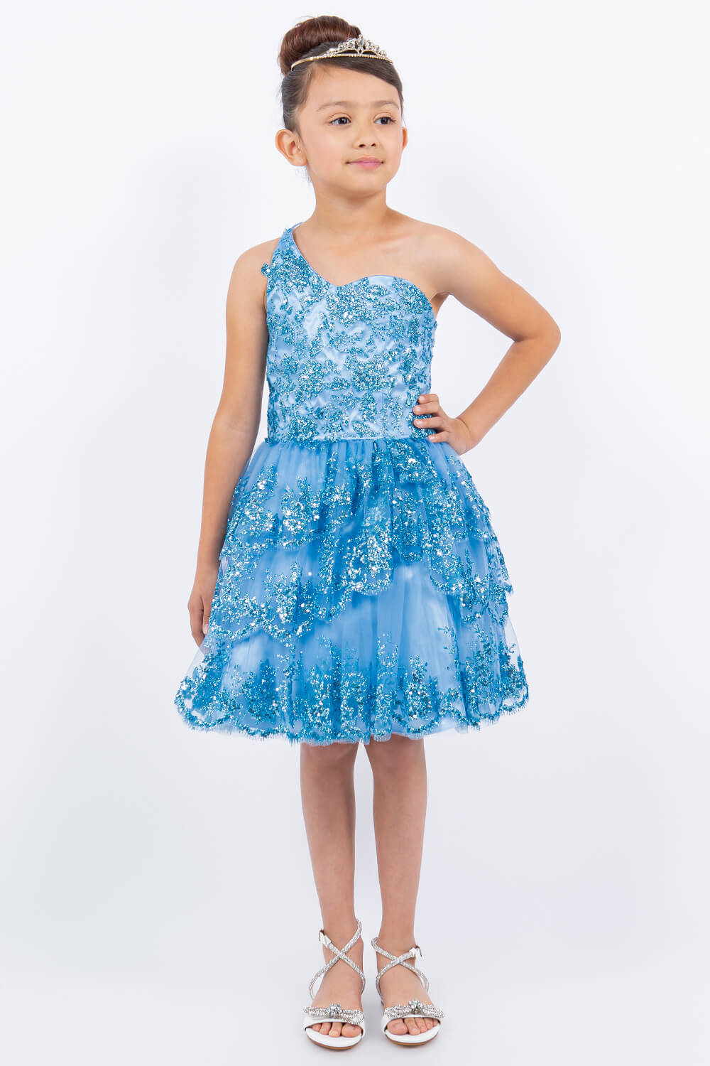 Blue One Shoulder Knee Length Tulle Special Occasion Dress with Glitter Floral Layered Skirt Cinderella Couture 5132
