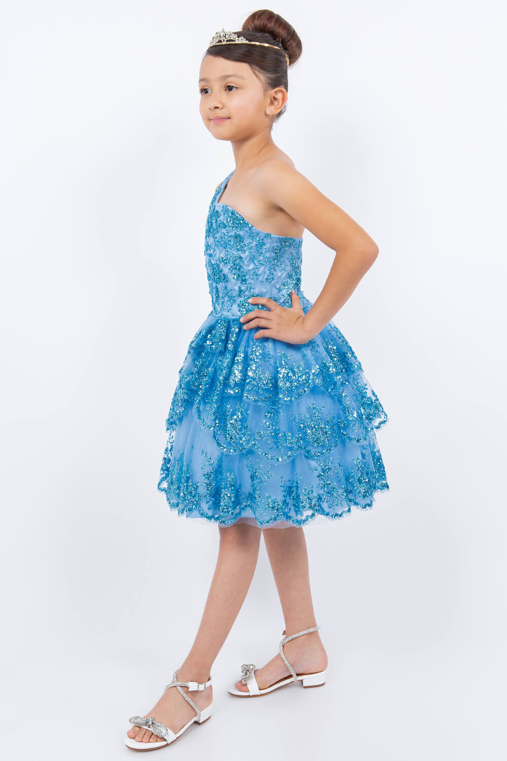 Blue One Shoulder Knee Length Tulle Special Occasion Dress with Glitter Floral Layered Skirt Cinderella Couture 5132
