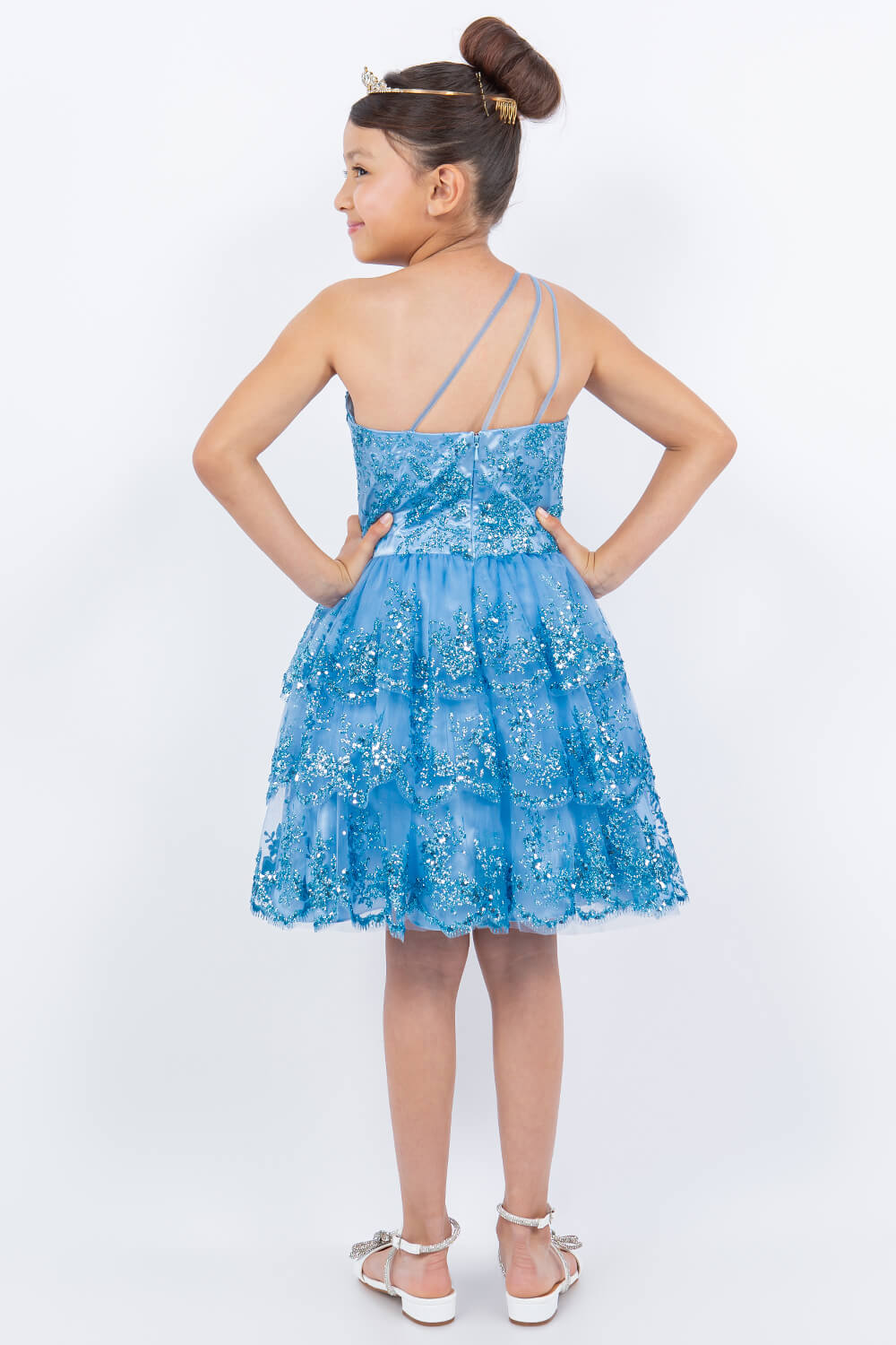 Blue One Shoulder Knee Length Tulle Special Occasion Dress with Glitter Floral Layered Skirt Cinderella Couture 5132