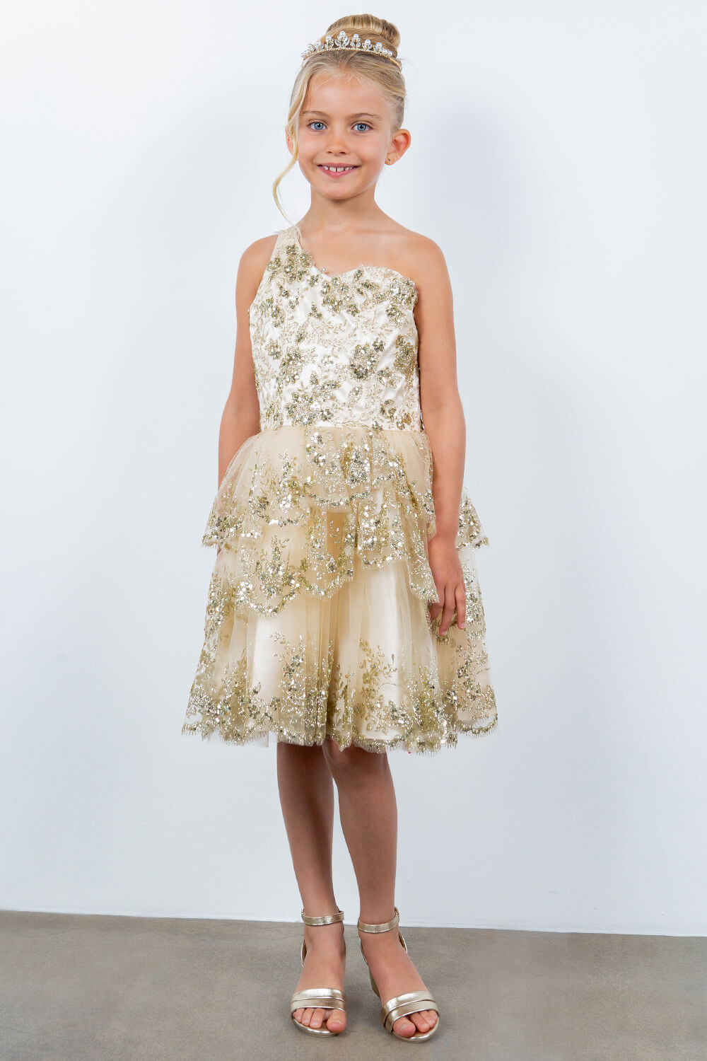 Champagne One Shoulder Knee Length Tulle Special Occasion Dress with Glitter Floral Layered Skirt Cinderella Couture 5132