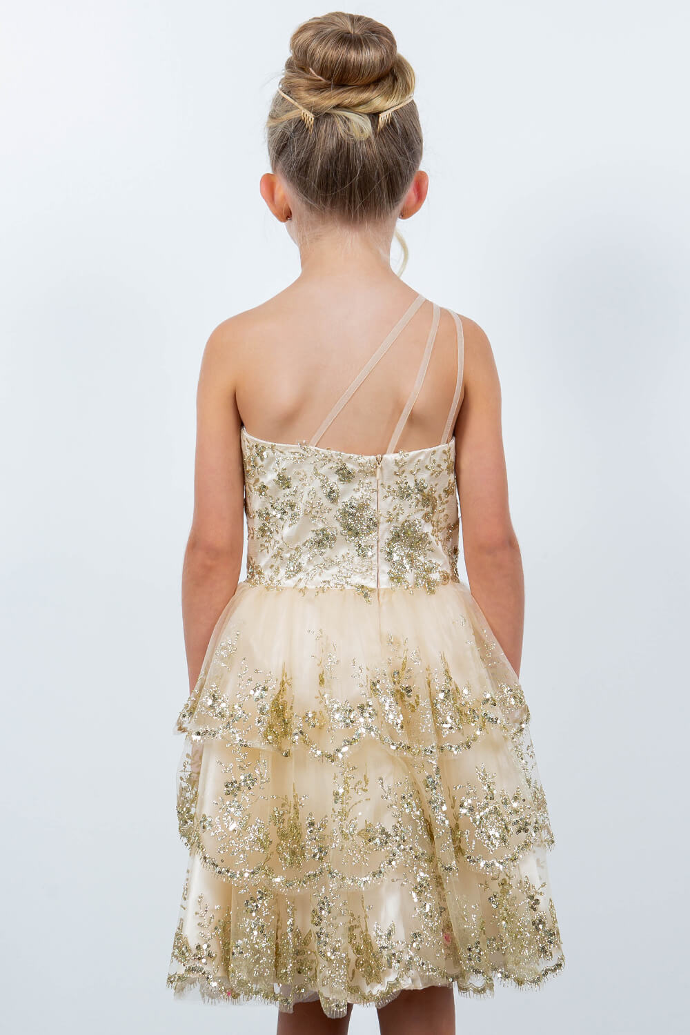 Champagne One Shoulder Knee Length Tulle Special Occasion Dress with Glitter Floral Layered Skirt Cinderella Couture 5132