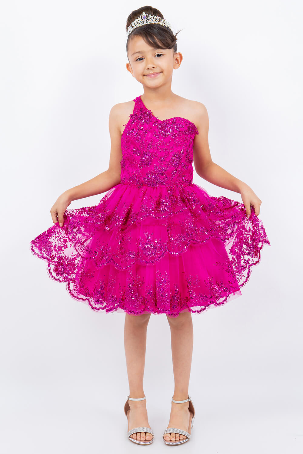 Fuchsia One Shoulder Knee Length Tulle Special Occasion Dress with Glitter Floral Layered Skirt Cinderella Couture 5132