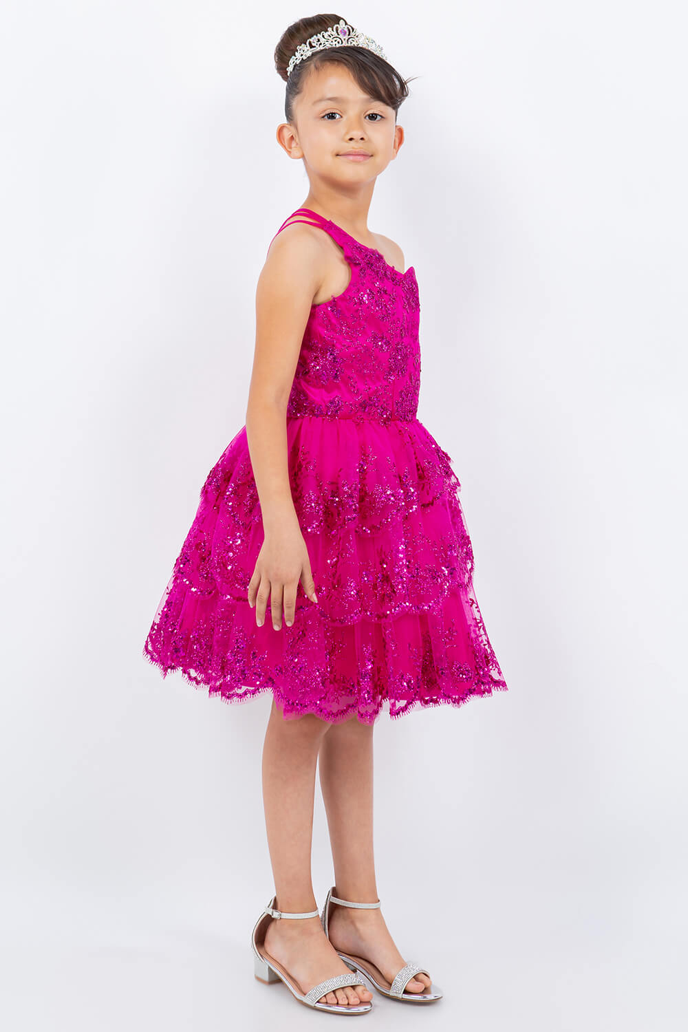 Fuchsia One Shoulder Knee Length Tulle Special Occasion Dress with Glitter Floral Layered Skirt Cinderella Couture 5132