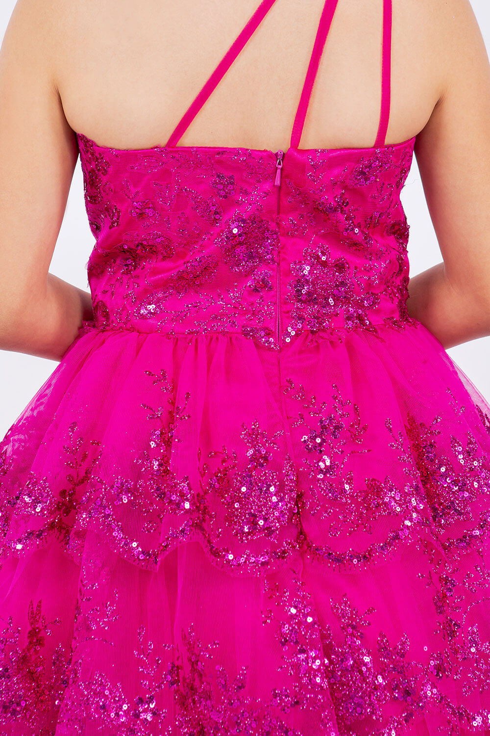 Fuchsia One Shoulder Knee Length Tulle Special Occasion Dress with Glitter Floral Layered Skirt Cinderella Couture 5132