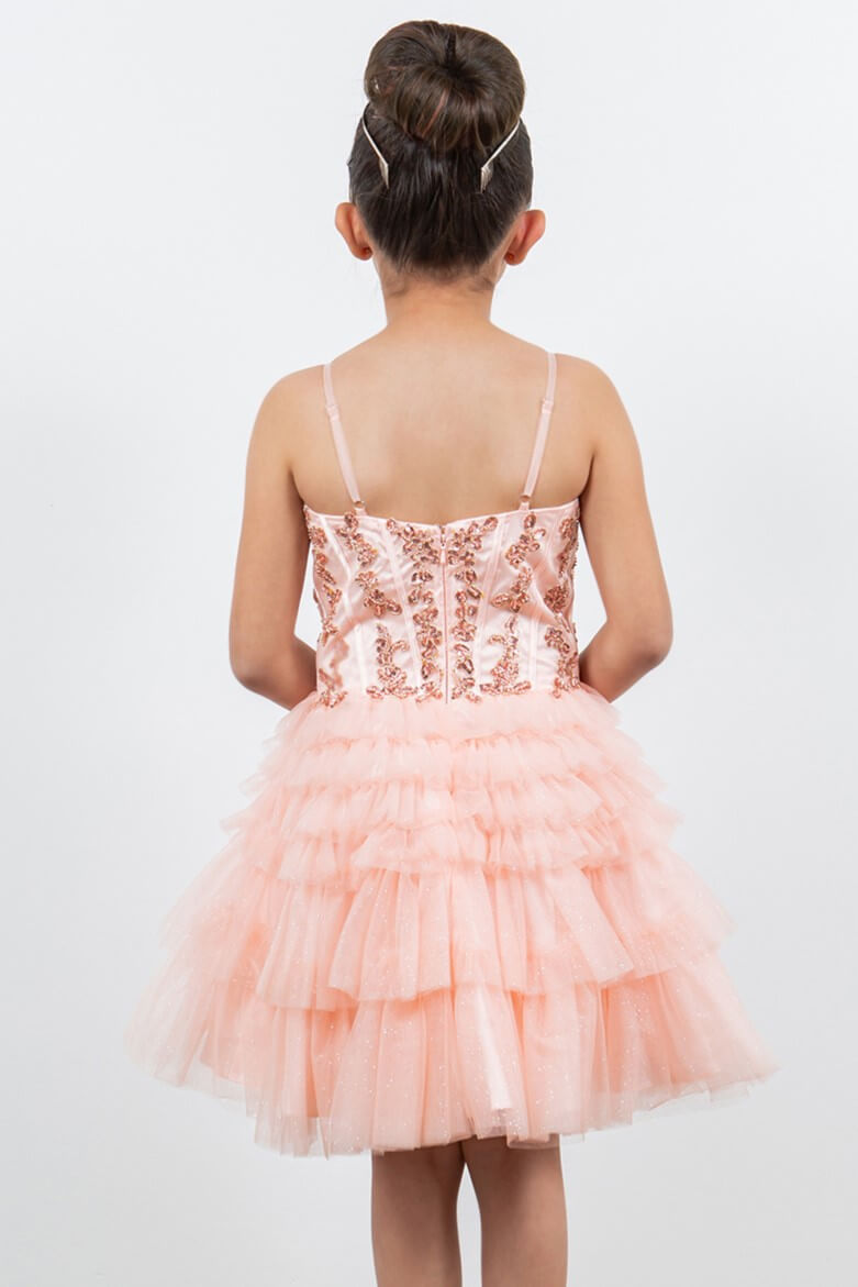 Blush Sweetheart Knee Length Glitter Tulle Party Corset Dress with Tiered Skirt Cinderella Couture 5133