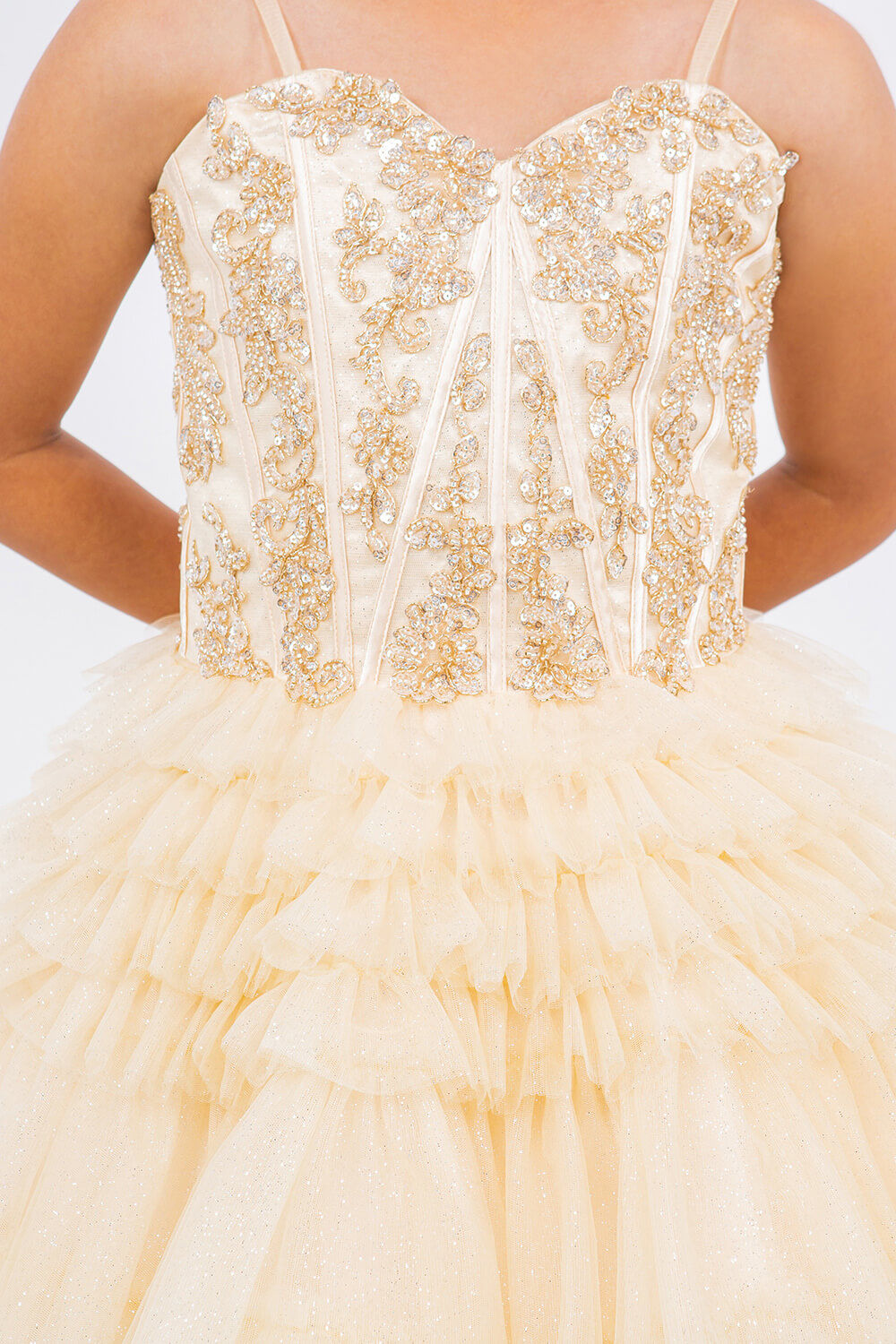 Champagne Sweetheart Knee Length Glitter Tulle Party Corset Dress with Tiered Skirt Cinderella Couture 5133