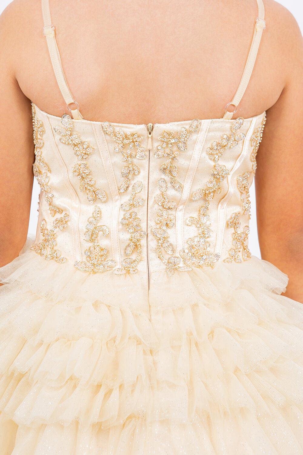 Champagne Sweetheart Knee Length Glitter Tulle Party Corset Dress with Tiered Skirt Cinderella Couture 5133