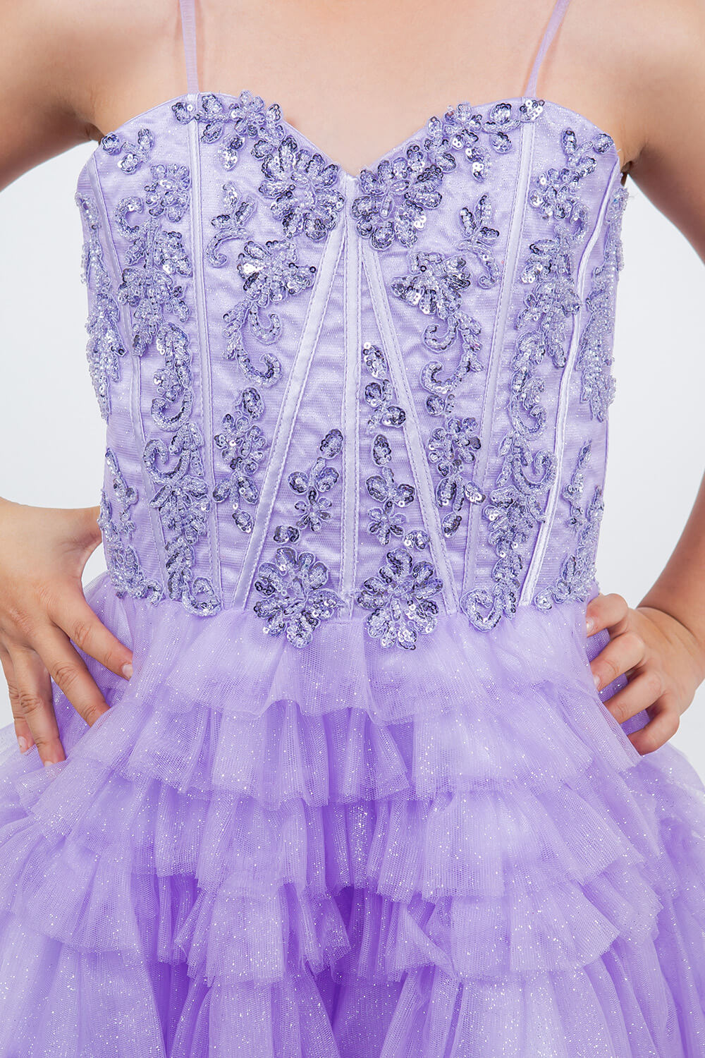 Lilac Sweetheart Knee Length Glitter Tulle Party Corset Dress with Tiered Skirt Cinderella Couture 5133