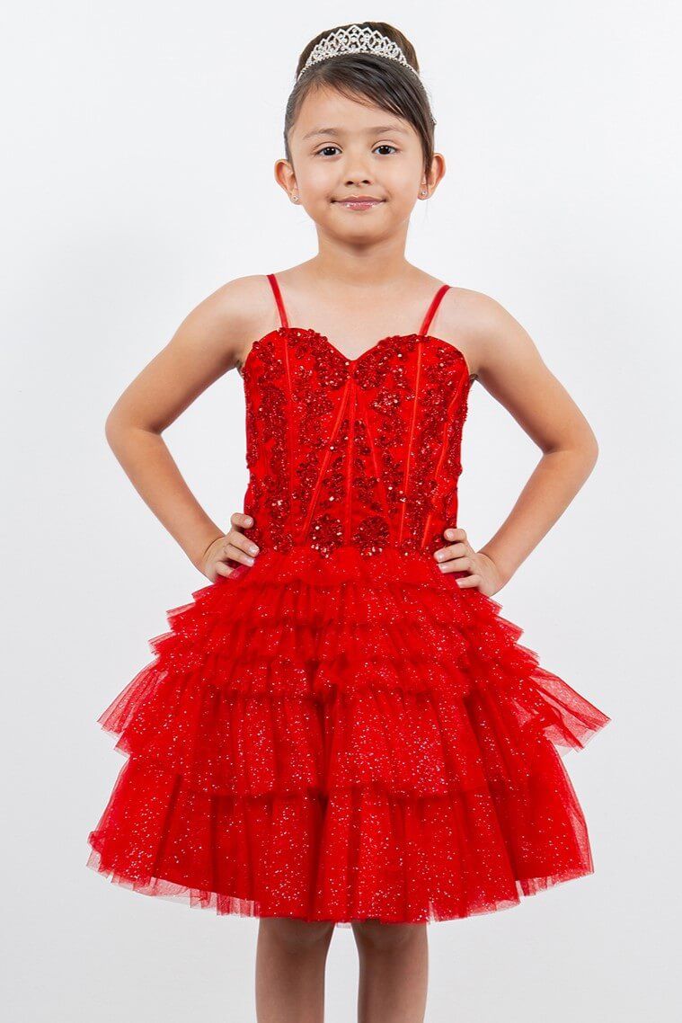 Red Sweetheart Knee Length Glitter Tulle Party Corset Dress with Tiered Skirt Cinderella Couture 5133