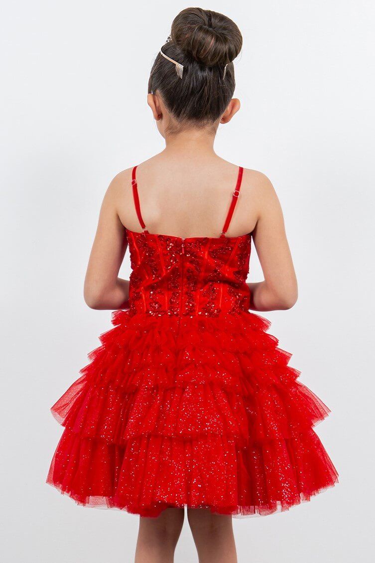 Red Sweetheart Knee Length Glitter Tulle Party Corset Dress with Tiered Skirt Cinderella Couture 5133