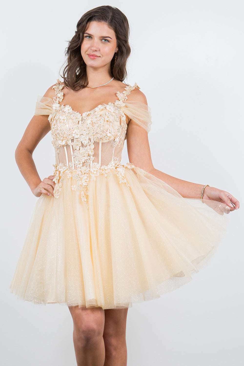 Cocktail Dresses 3D Floral Short Mini Cocktail Dress Cinderella Couture 5134J Champagne