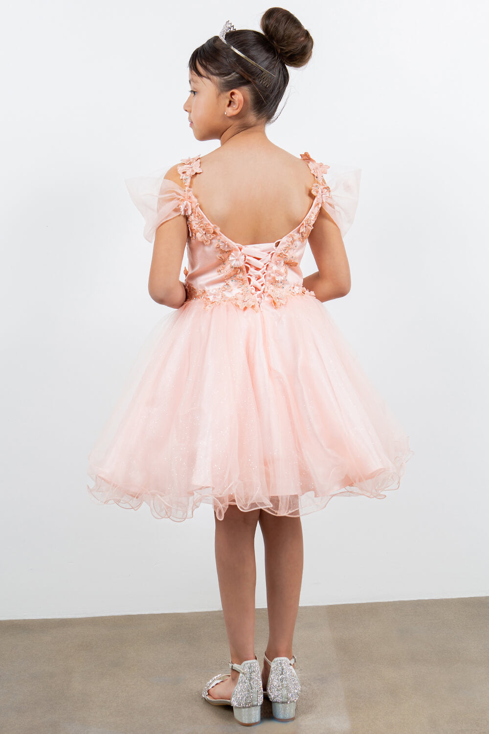 Blush Sweetheart Neck Knee Length Glitter Tulle Special Occasion Dress with 3D Floral Corset Bodice Cinderella Couture 5134
