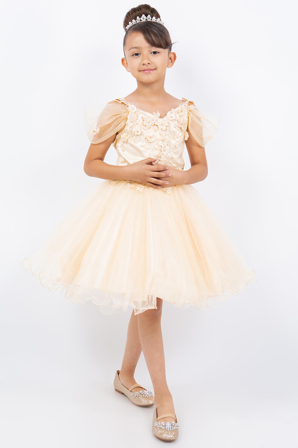 Champagne Sweetheart Neck Knee Length Glitter Tulle Special Occasion Dress with 3D Floral Corset Bodice Cinderella Couture 5134
