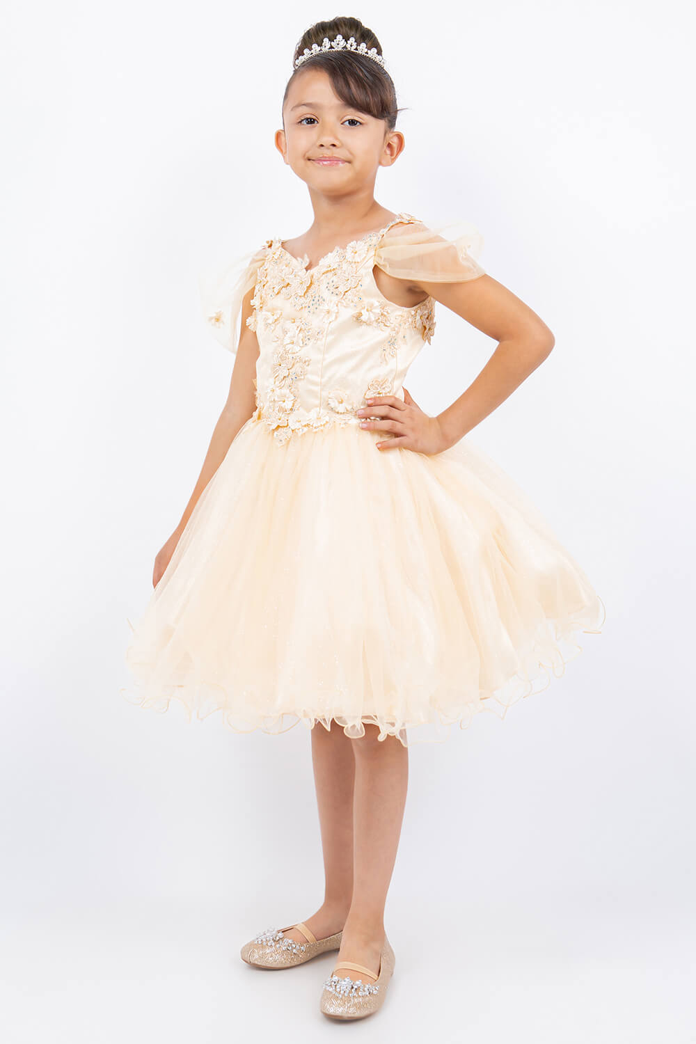 Champagne Sweetheart Neck Knee Length Glitter Tulle Special Occasion Dress with 3D Floral Corset Bodice Cinderella Couture 5134