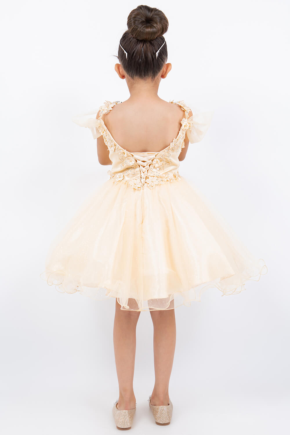 Champagne Sweetheart Neck Knee Length Glitter Tulle Special Occasion Dress with 3D Floral Corset Bodice Cinderella Couture 5134
